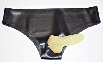 latex pants with anatomical cock and ball sheath in contrast colour
